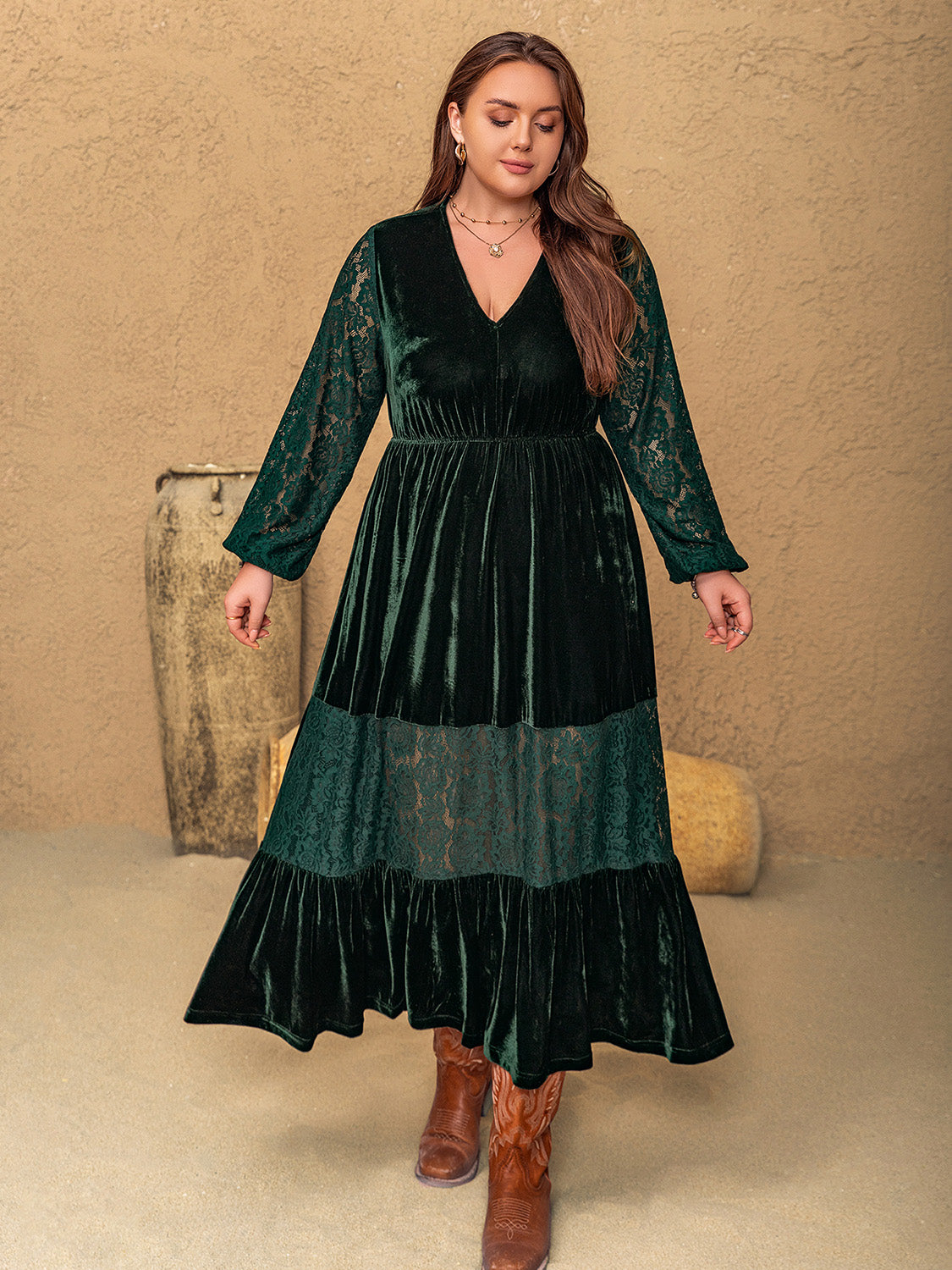 Plus Size Lace Patchwork Balloon Sleeve Midi Dress - Dark Green