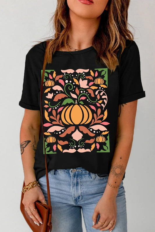 Pumpkin Fall Graphic Round Neck Short Sleeve T-Shirt