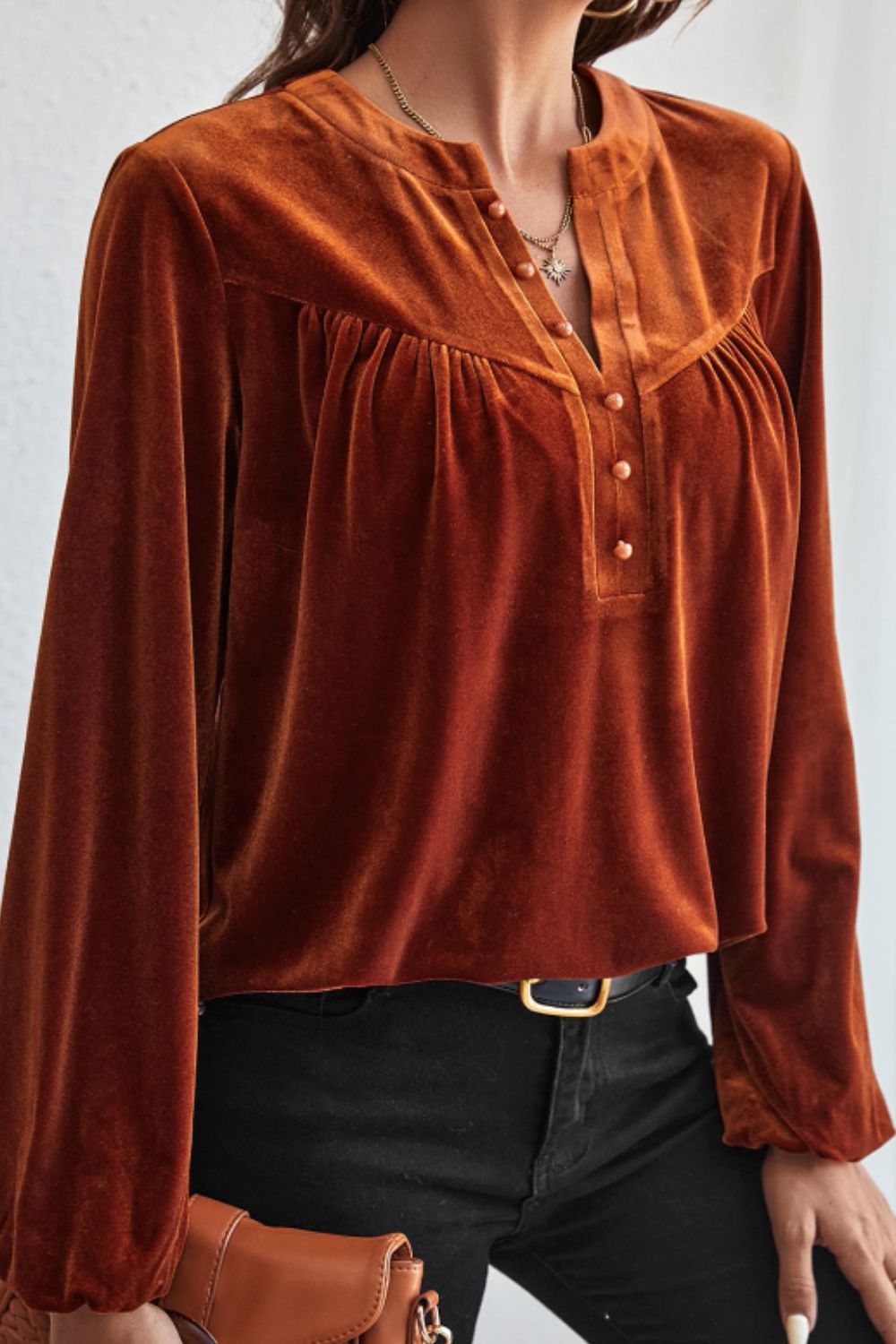 Notched Long Sleeve Velvet Top