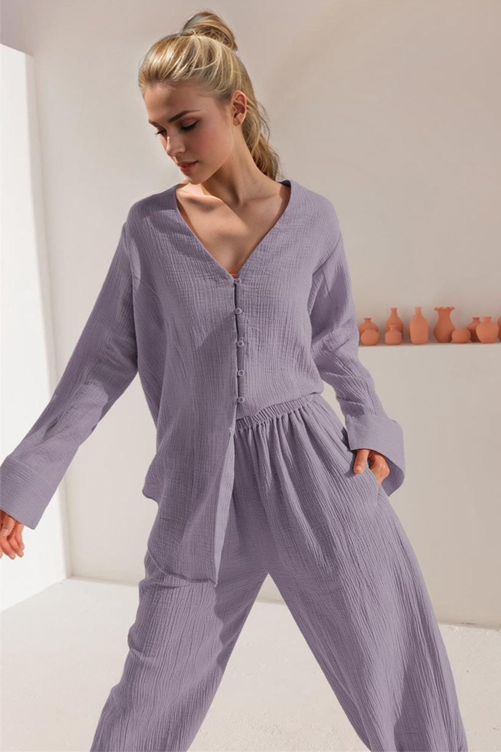 Basic Bae 100% Cotton Buttery-Soft V-Neck Long Sleeve Top and Pants Set