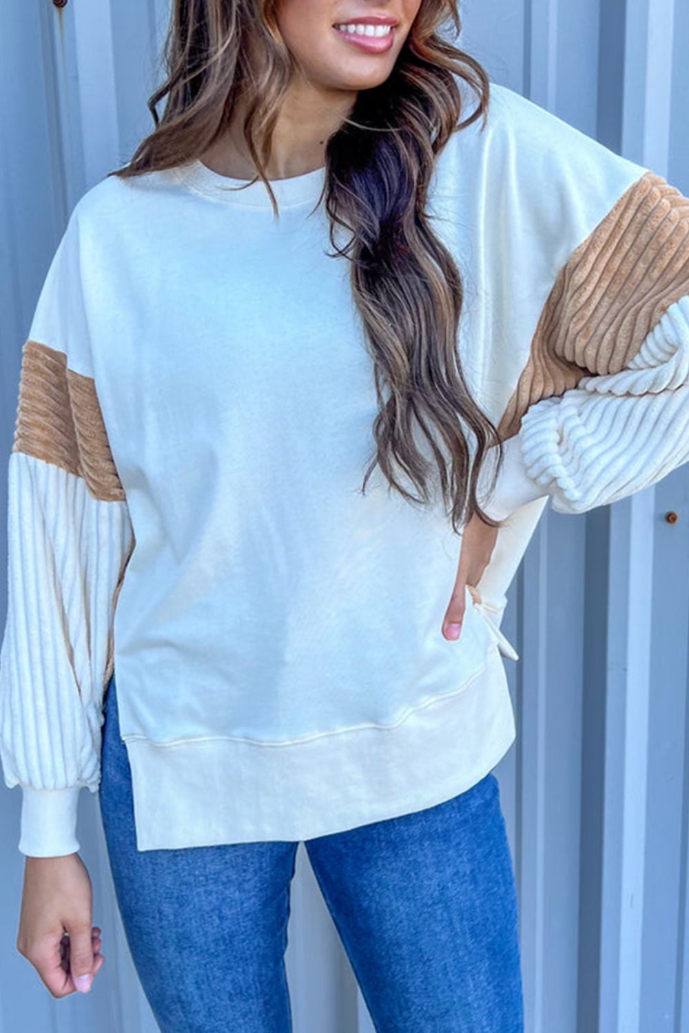 Textured Color Block Long Sleeve Sweatshirt