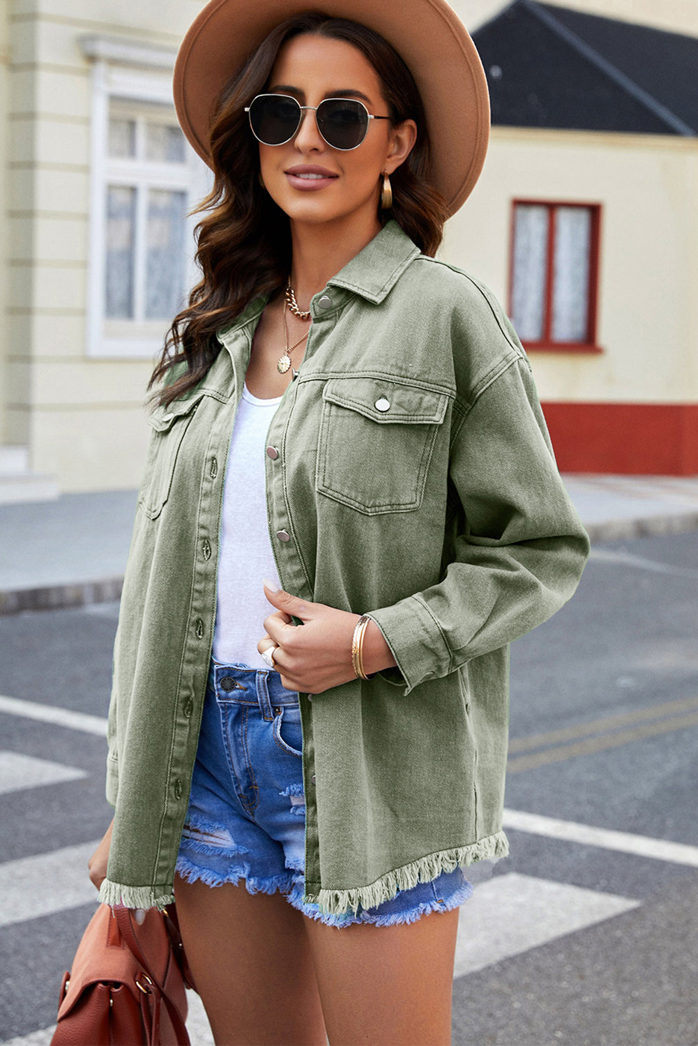 Button Up Pocketed Raw Hem Denim Jacket - 5 colors