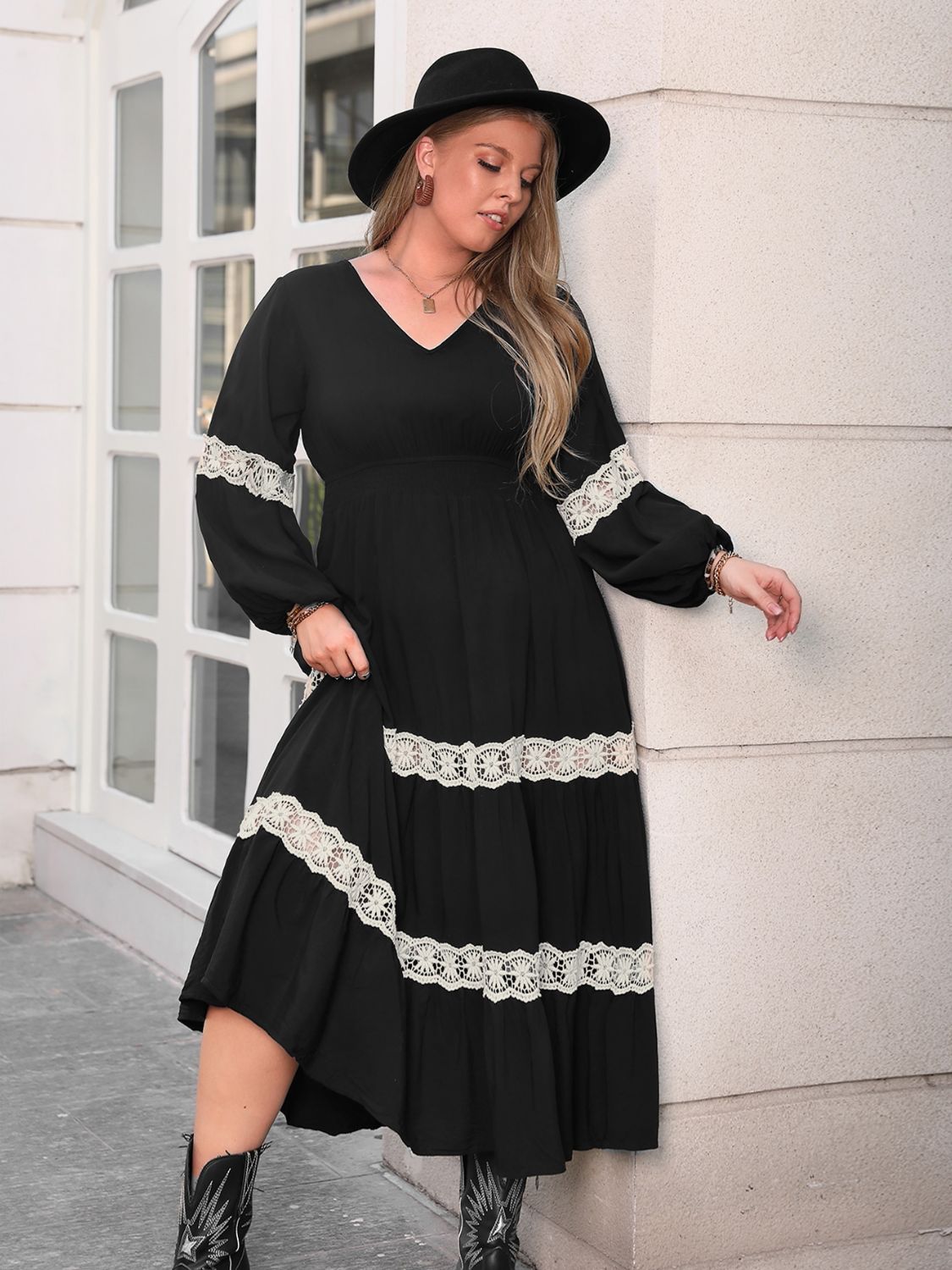 Plus Size Lace Detail Midi Dress - Black