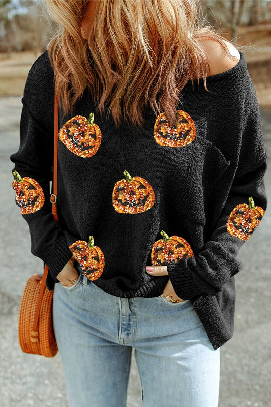 Pumpkin Sequin Long Sleeve Knit Top - Black