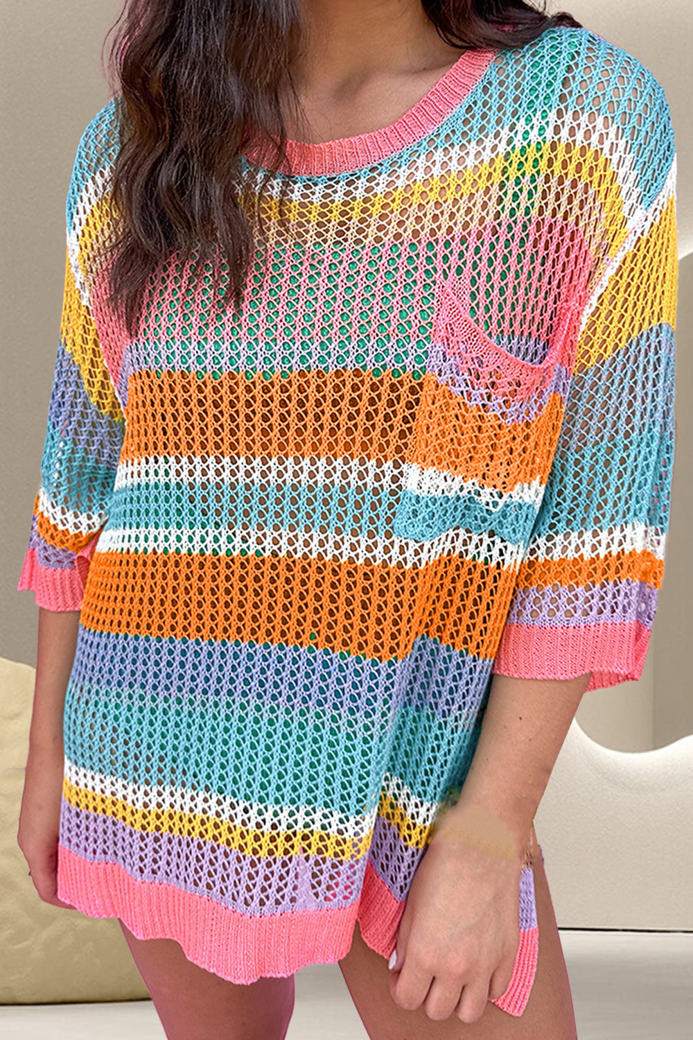 Openwork Colorful Dropped Shoulder Knit Cover-Up