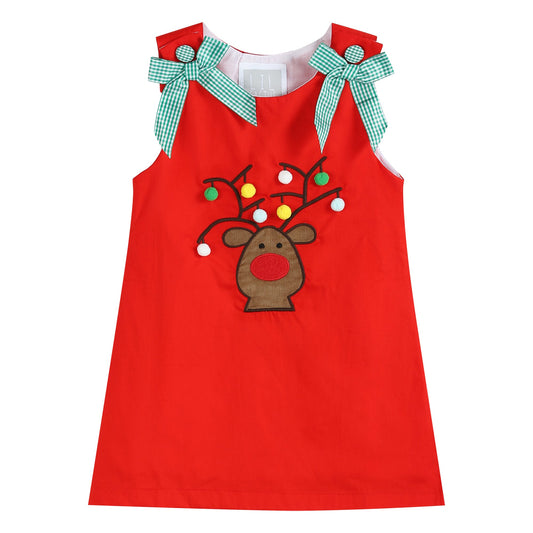 Red Reindeer with PomPoms and Bows Swing Dress