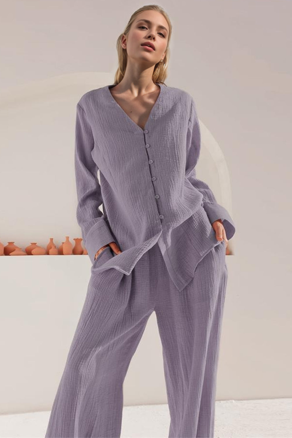 Basic Bae 100% Cotton Buttery-Soft V-Neck Long Sleeve Top and Pants Set