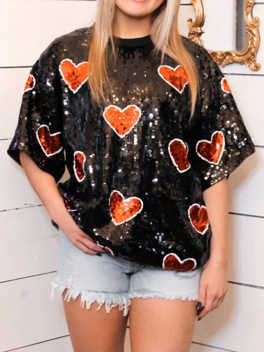 SPARKLEQUEEN Valentine’s Day Sequin Heart Top - White & Black