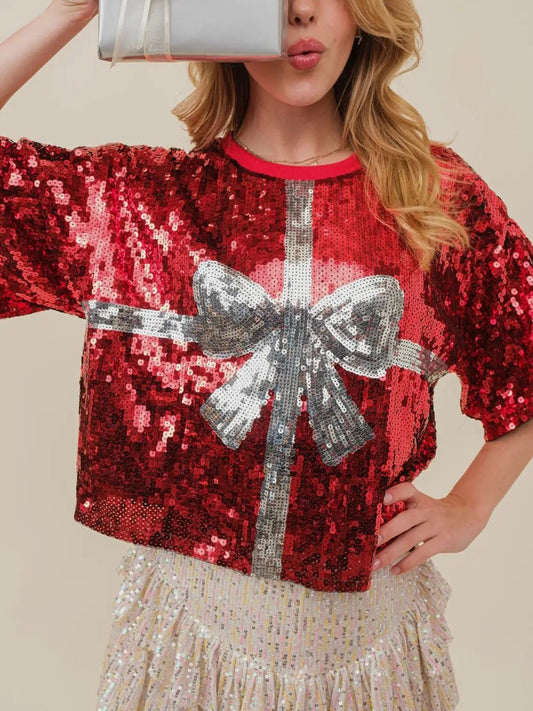 SparkleQueen Red & Silver Bow Sequin Shirt