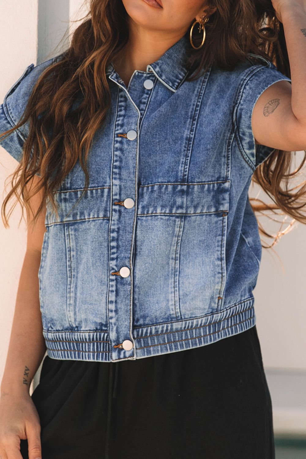 Button Up Cap Sleeve Denim Vest