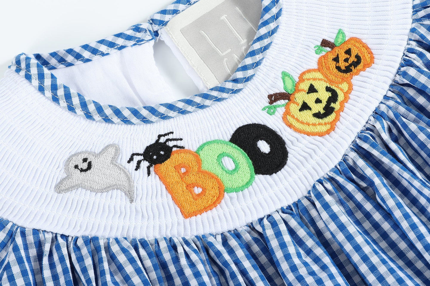 Blue Gingham Halloween Boo Smocked Bishop Dress