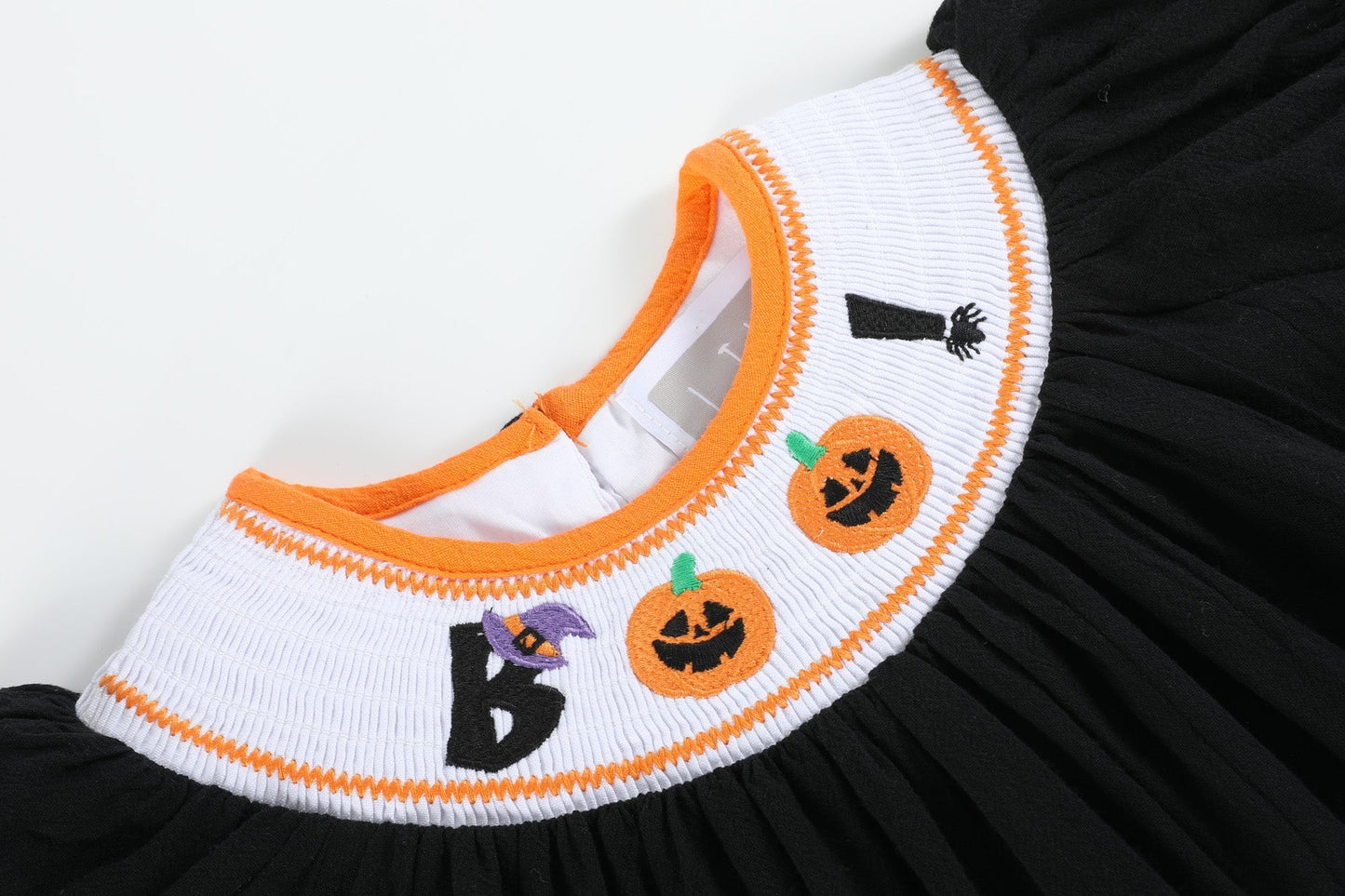 Black and Orange Boo Halloween Smocked Bishop Dress