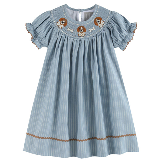 Light Blue Puppy Smocked Bishop Dress