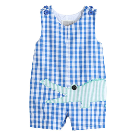 Royal Blue Gingham Alligator Applique Shortalls