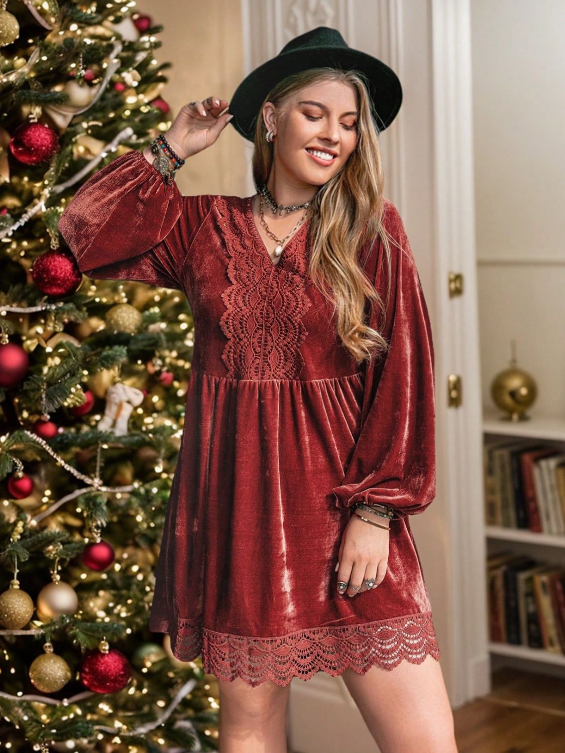 Plus Size Lace Detail Mini Dress - Rust