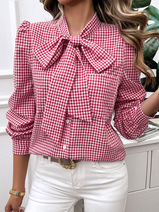 Pocketed Plaid Tie Neck Long Sleeve Shirt