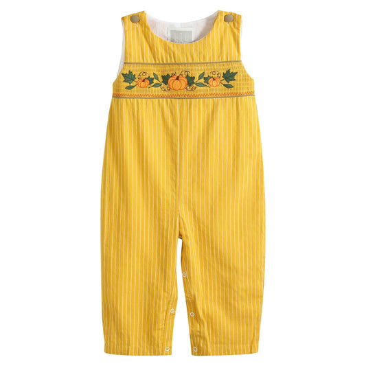 Mustard Pinstripe Smocked Pumpkin Overalls