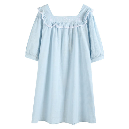 Ladies Light Blue Cotton Ruffle Embroidery Dress