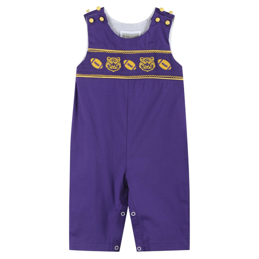 Purple and Gold Football and Tiger Smocked Overalls