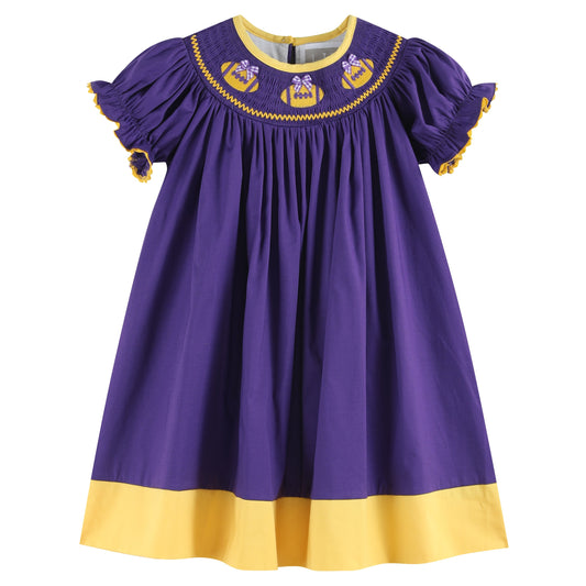 Purple and Gold Football Smocked Bishop Dress