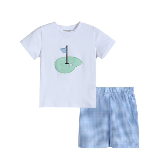 Blue Gingham Golf Hole Shirt and Boy Shorts Set