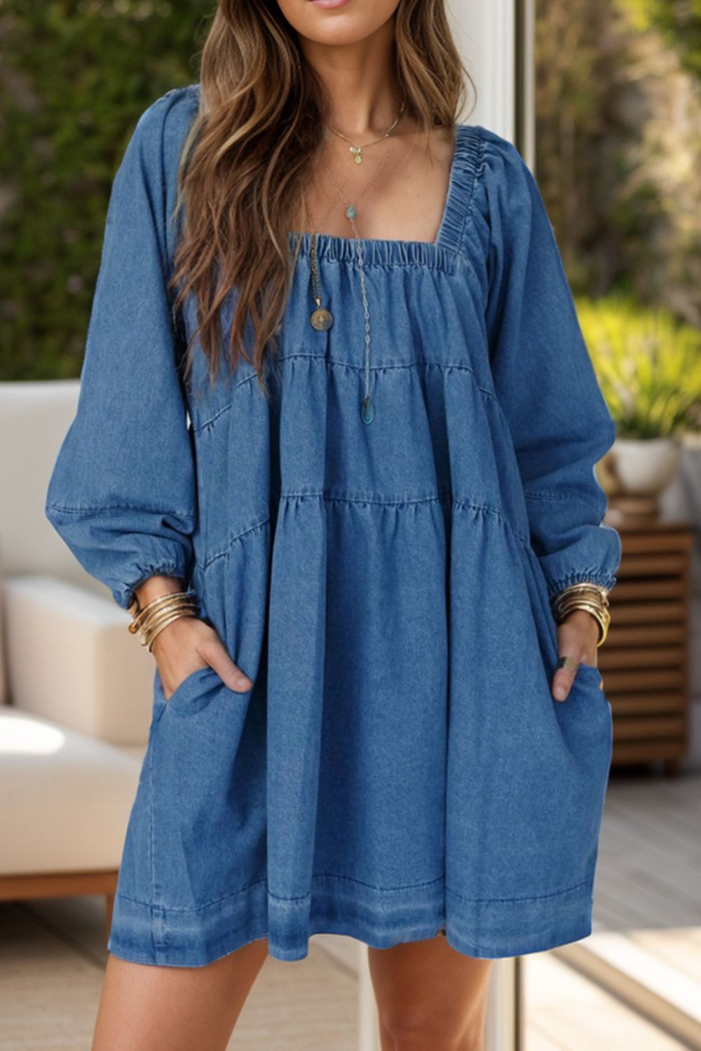 Square Neck Denim Dress with Pockets