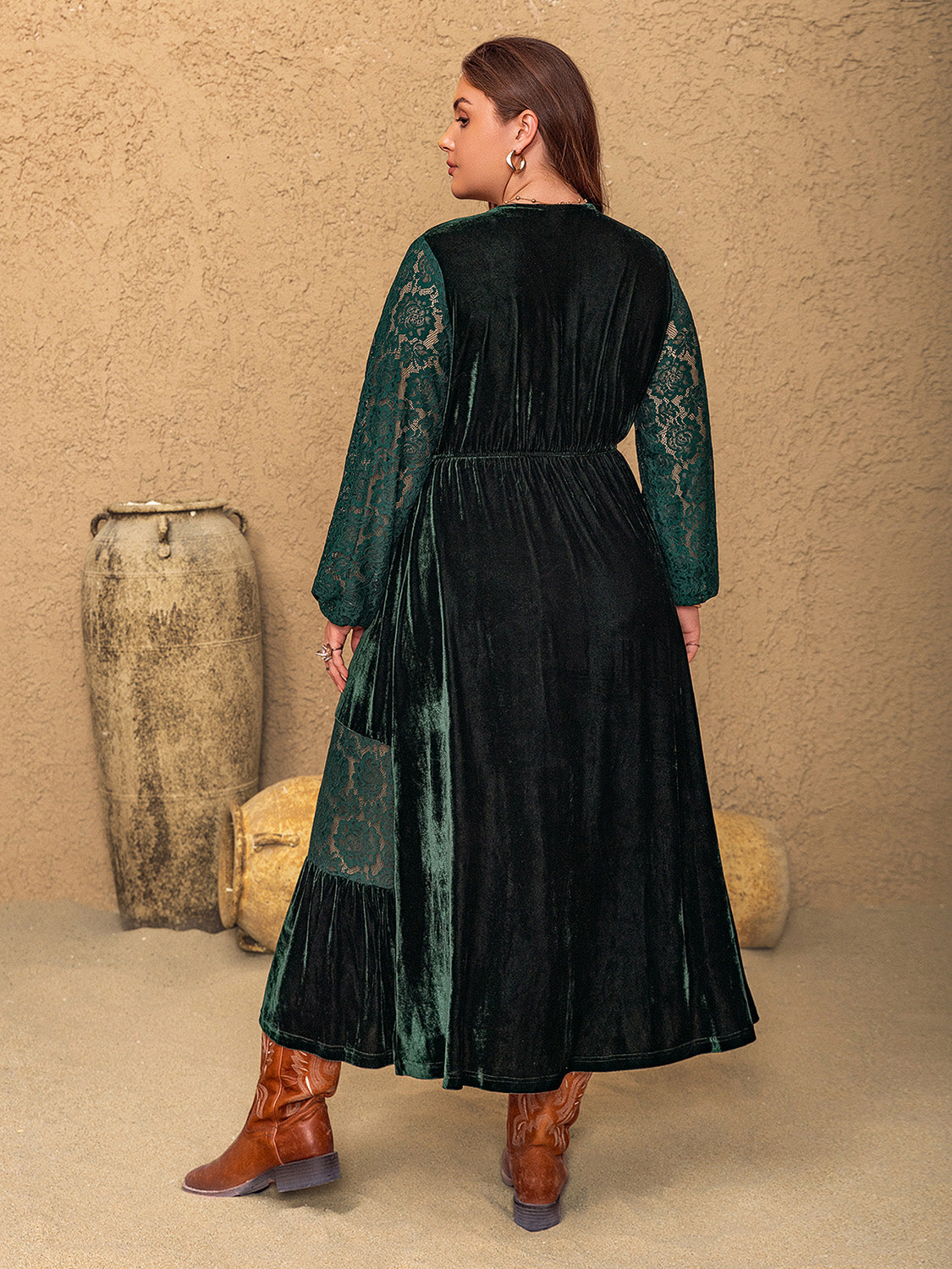 Plus Size Lace Patchwork Balloon Sleeve Midi Dress - Dark Green