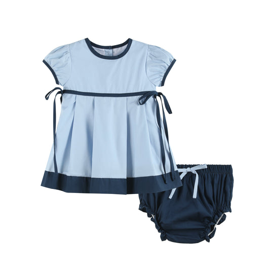 Light Blue and Dark Blue Ribbon Dress and Bloomers