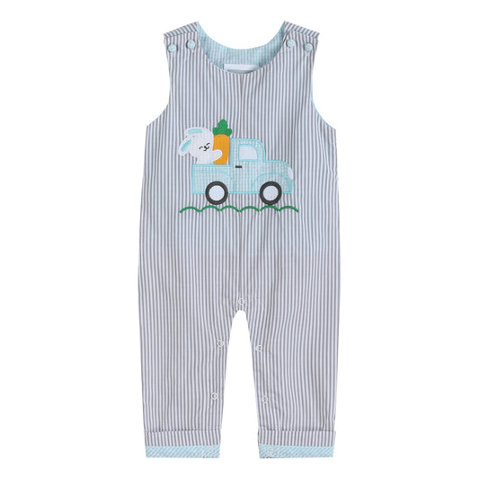 Gray Striped Easter Bunny Truck Applique Overalls