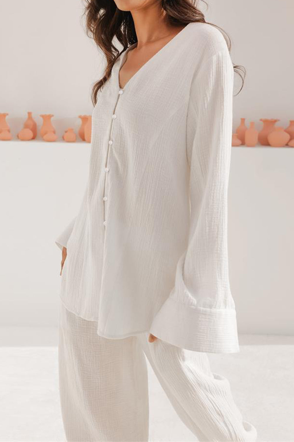 Basic Bae 100% Cotton Buttery-Soft V-Neck Long Sleeve Top and Pants Set