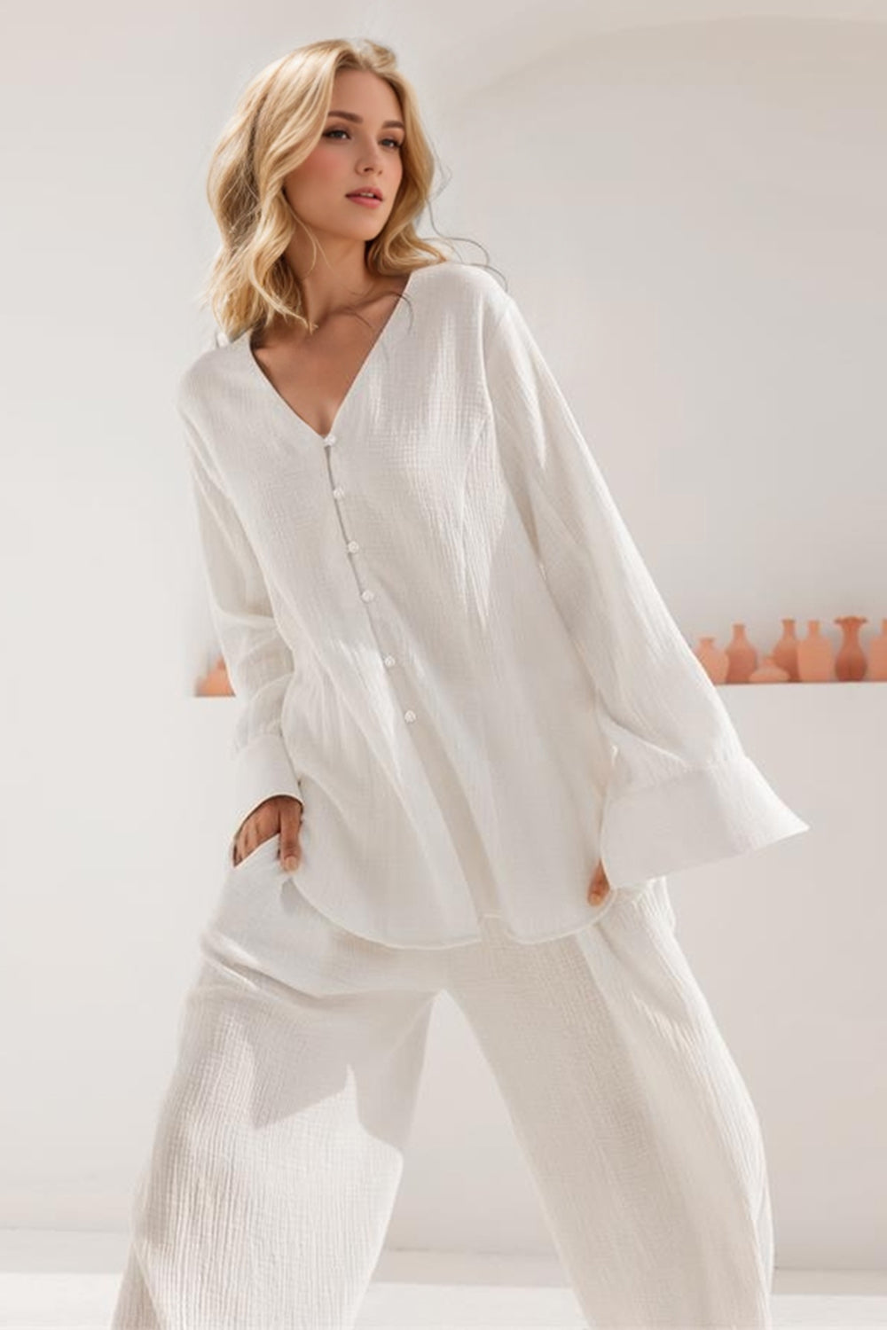 Basic Bae 100% Cotton Buttery-Soft V-Neck Long Sleeve Top and Pants Set