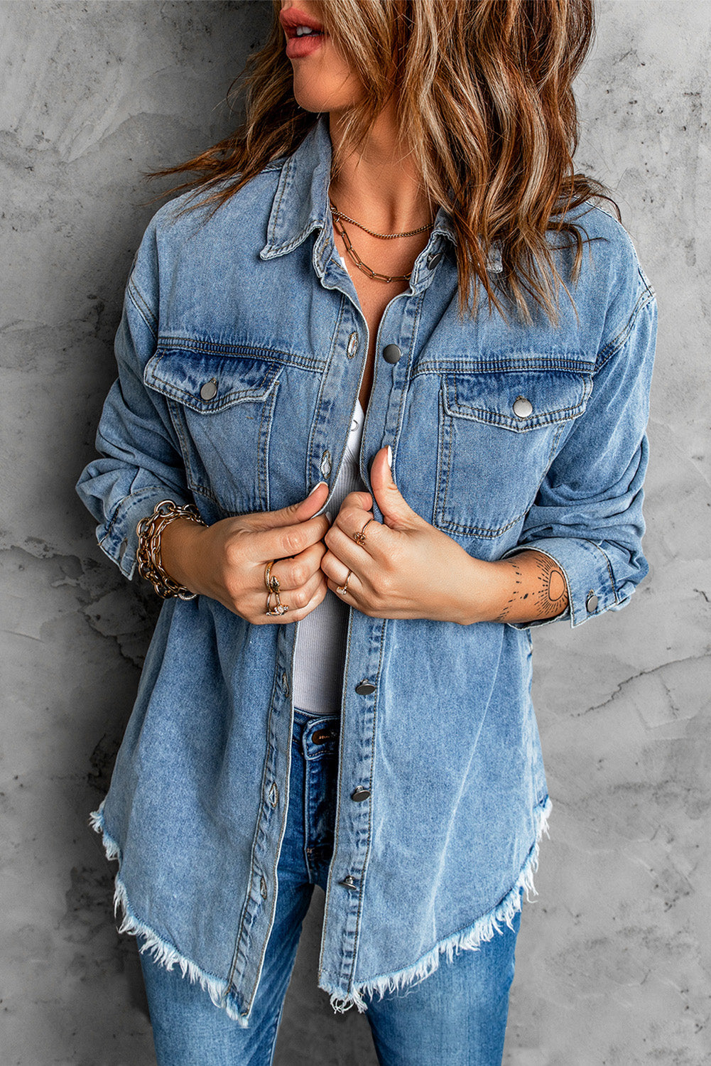 Button Up Pocketed Raw Hem Denim Jacket - 5 colors