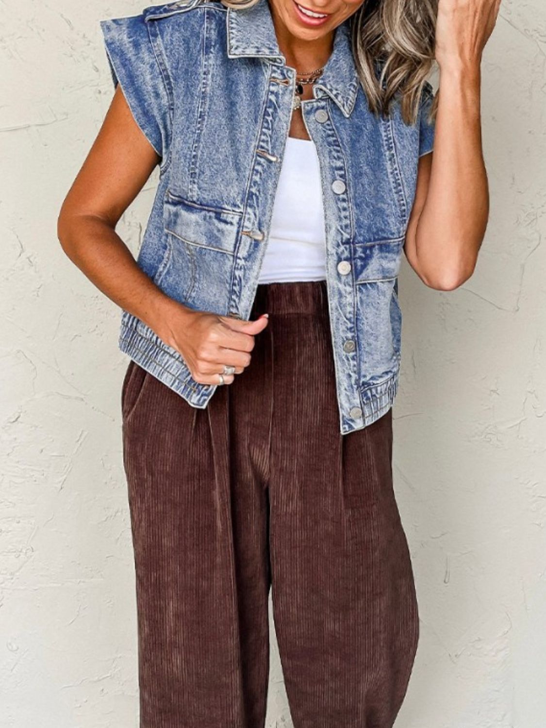 Button Up Cap Sleeve Denim Vest