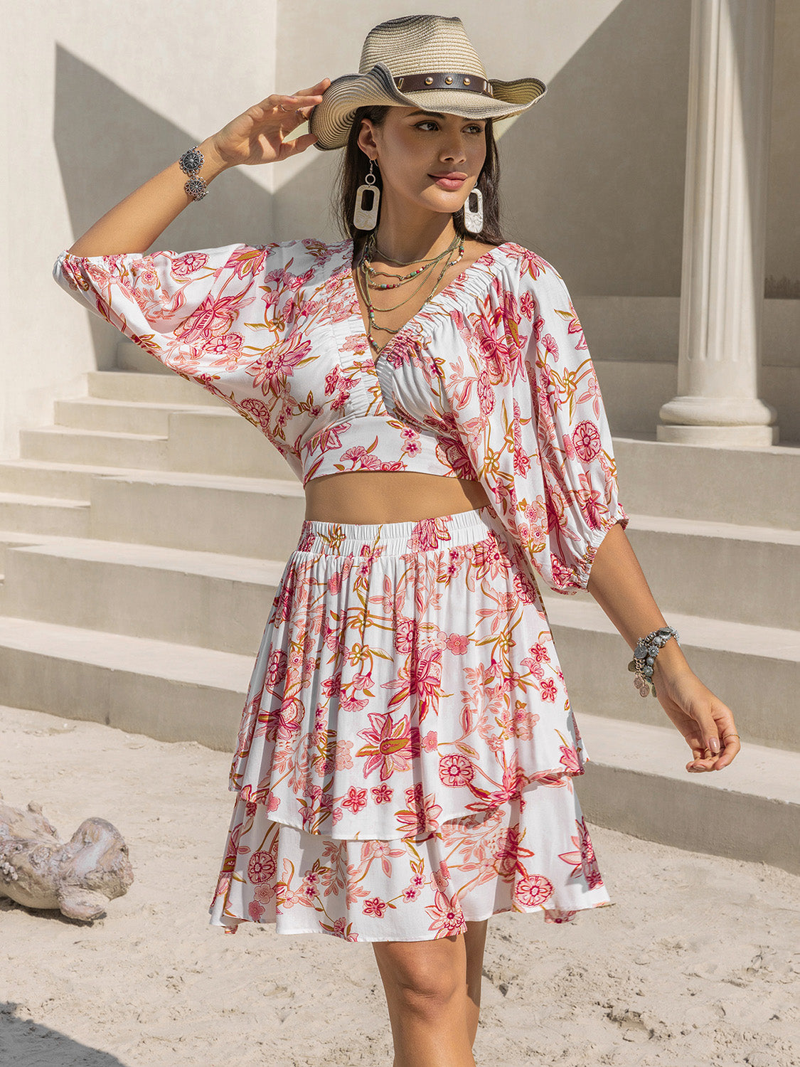 Leila Printed Half Sleeve Top and Layered Skirt Set