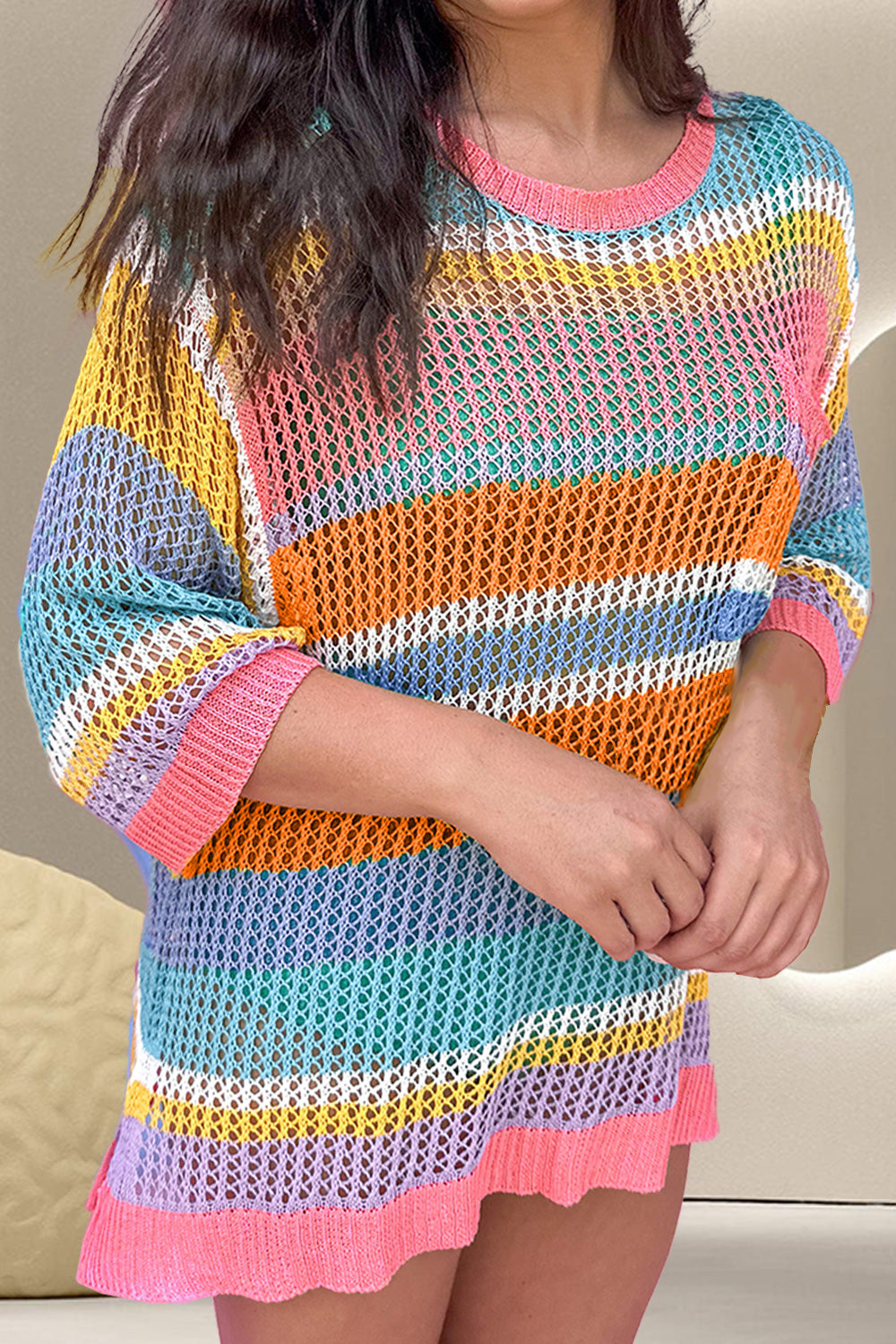 Openwork Colorful Dropped Shoulder Knit Cover-Up