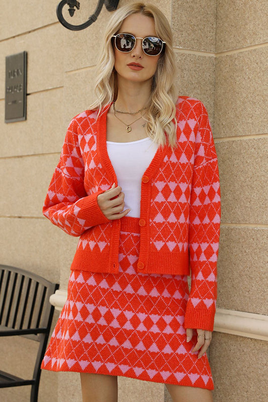 Knit Geometric Cardigan & Skirt Set