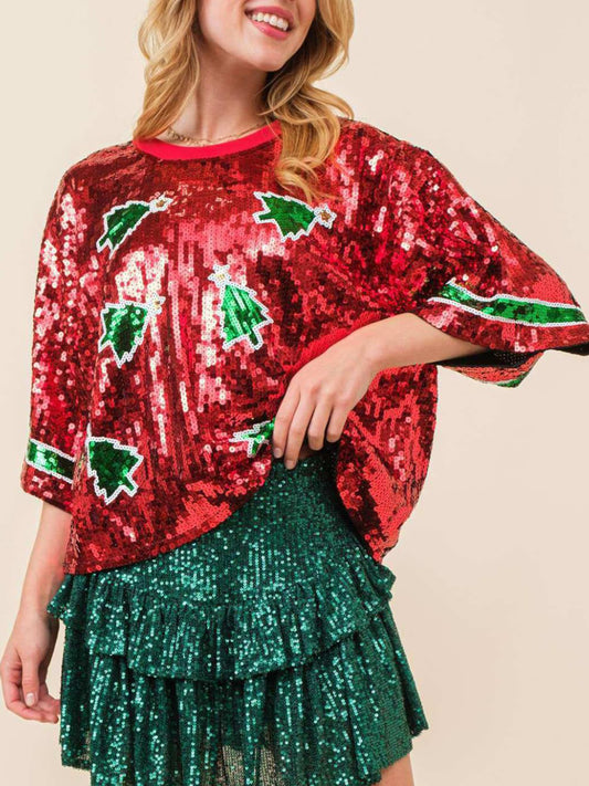 SparkleQueen Christmas Tree Sequin Half Sleeve Top