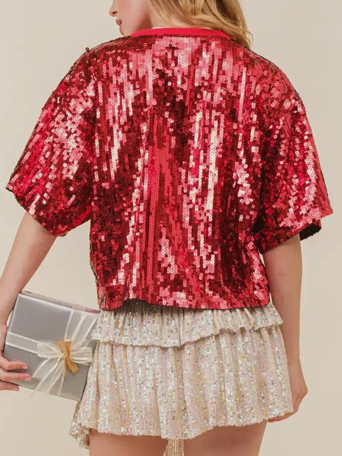 SparkleQueen Red & Silver Bow Sequin Shirt