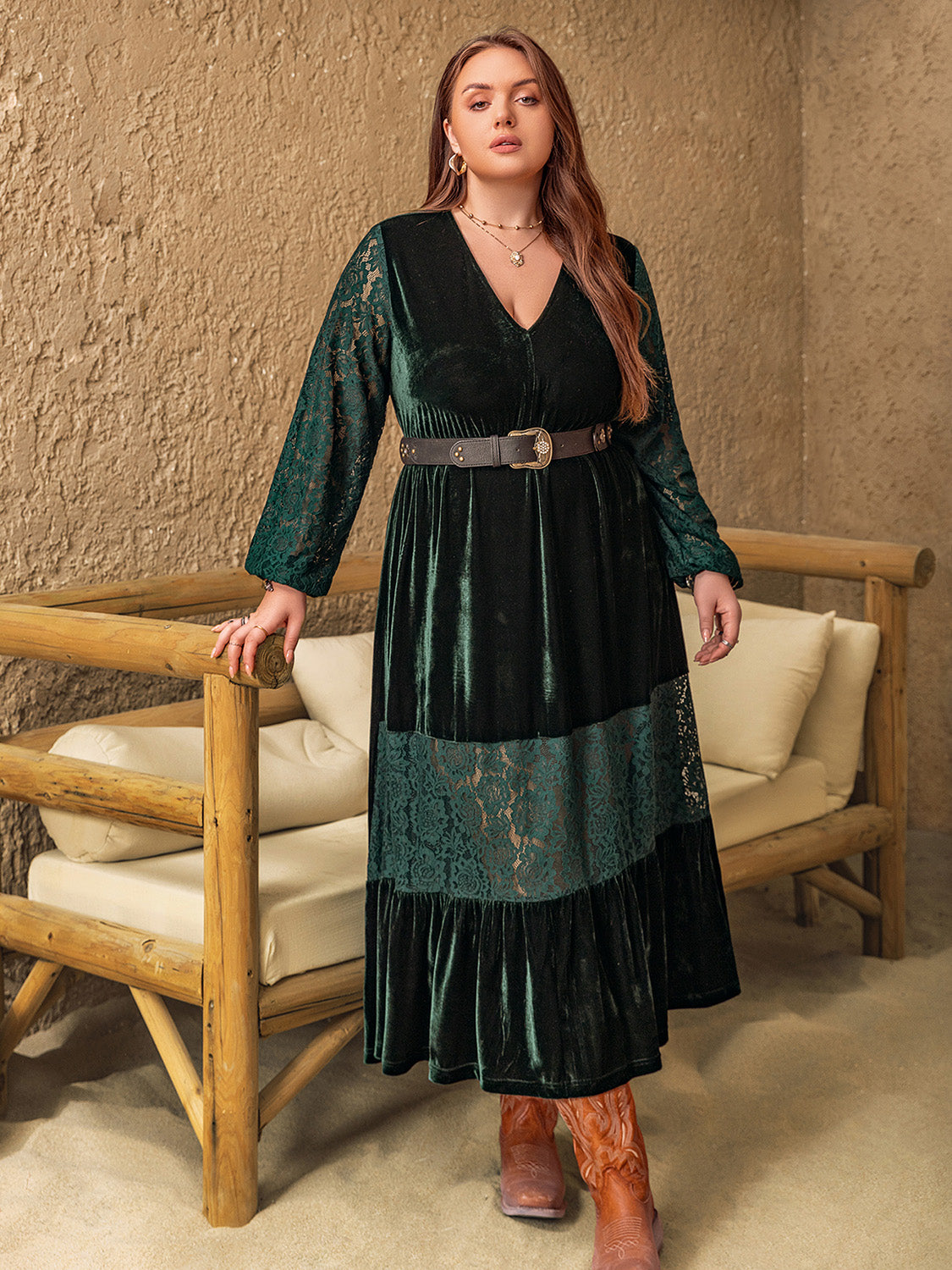 Plus Size Lace Patchwork Balloon Sleeve Midi Dress - Dark Green