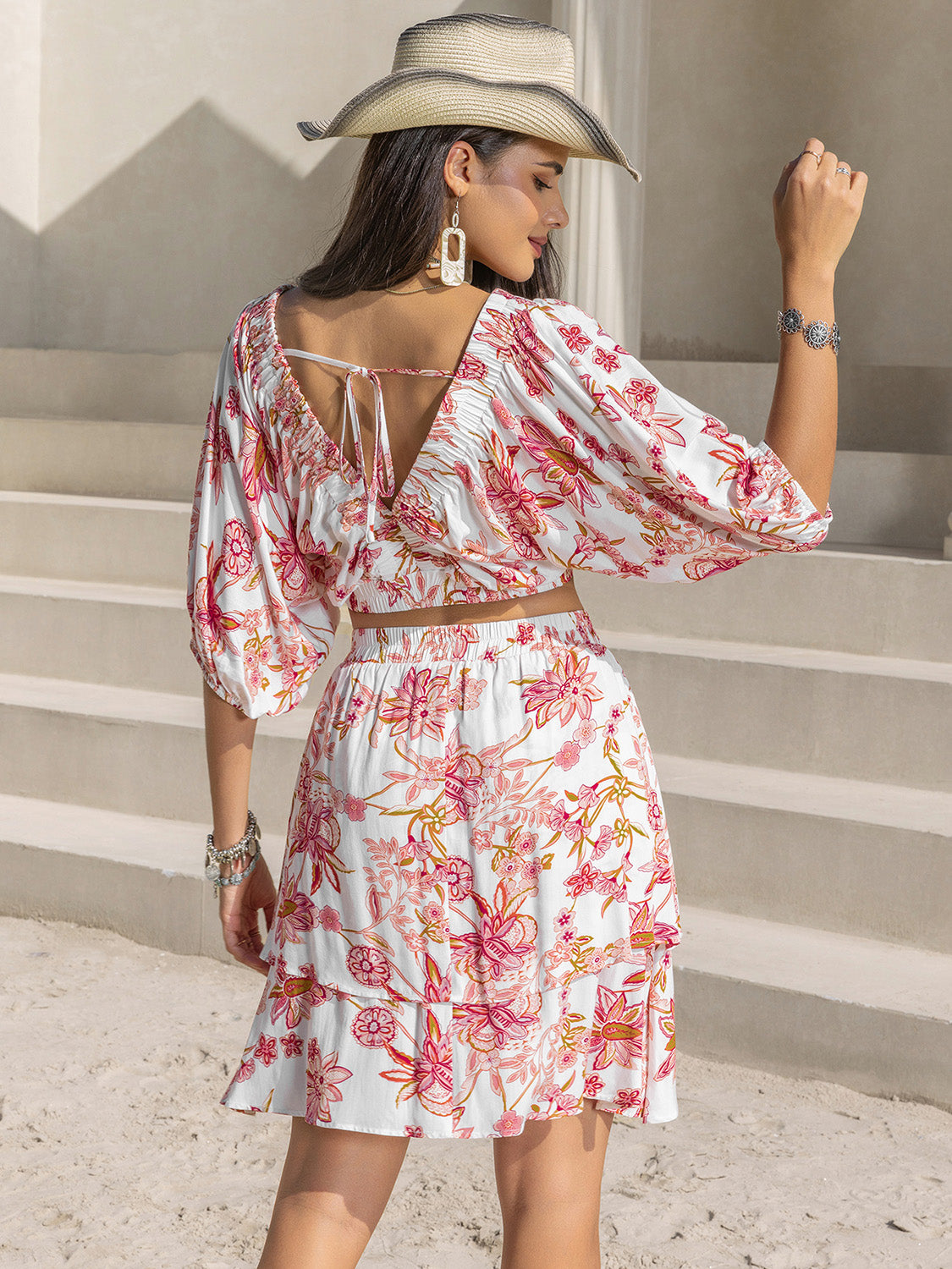 Leila Printed Half Sleeve Top and Layered Skirt Set