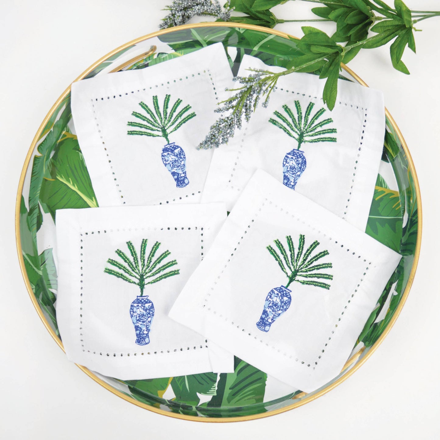 Ginger Jar Palm Embroidered Cocktail Napkin Set