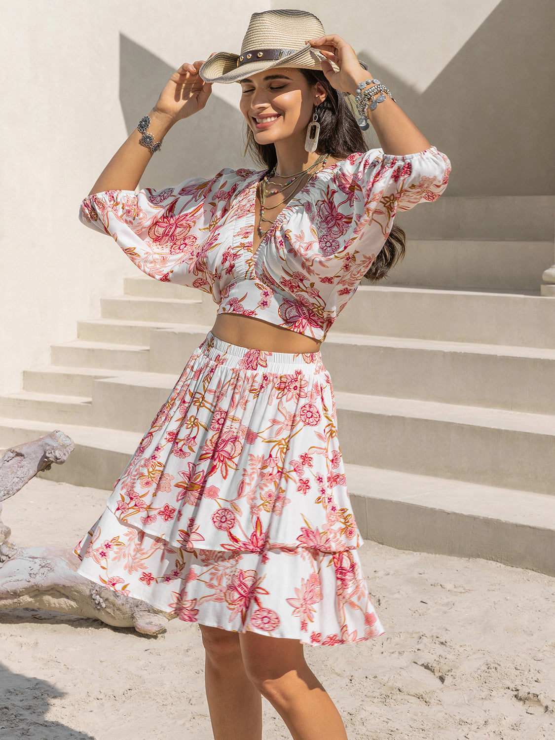 Leila Printed Half Sleeve Top and Layered Skirt Set