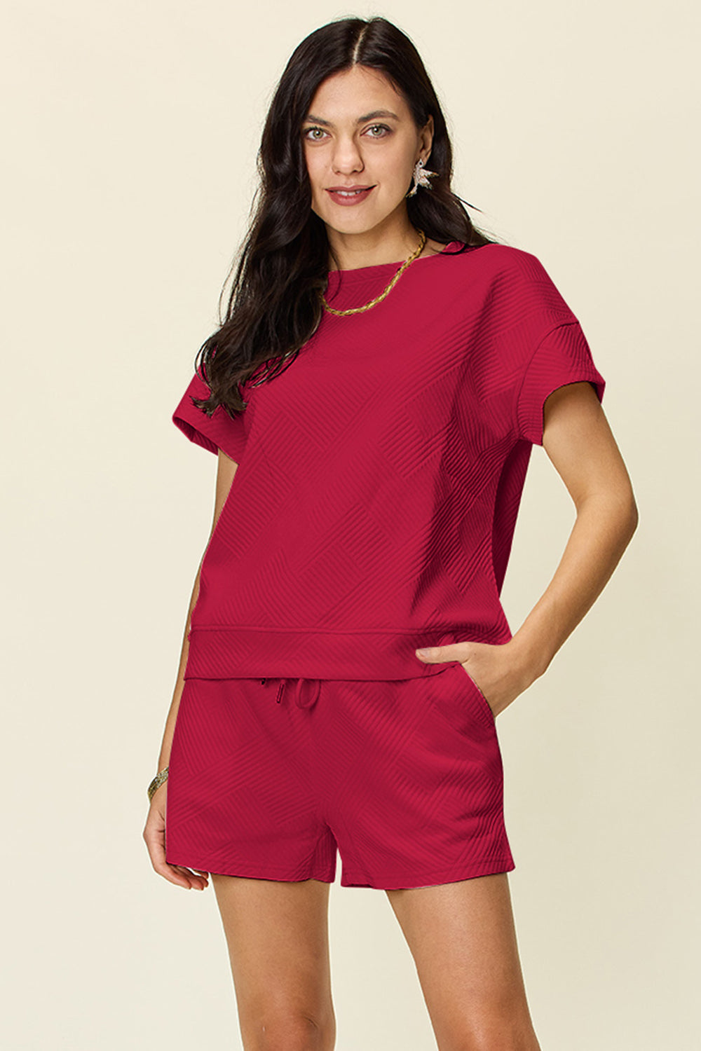 Double Take Full Size Texture Short Sleeve T-Shirt and Drawstring Shorts Set  - 11 Colors!