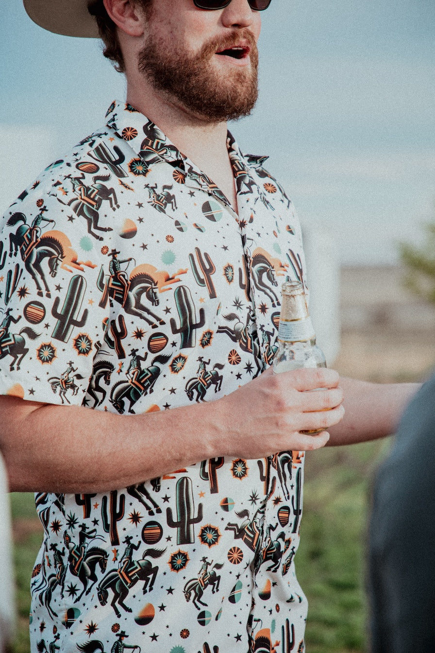 Cosmic Rodeo: Bucking Space Bronco Button-Up Shirt