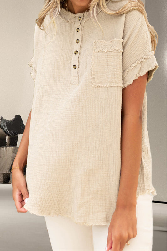 Raw Hem Short Sleeve Blouse