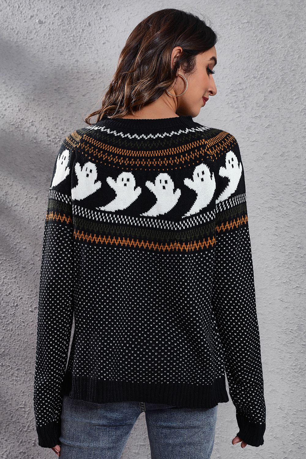 Ghost Pattern Round Neck Long Sleeve Sweater