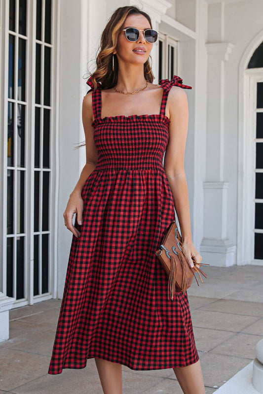 Plaid Frill Trim Tie Shoulder Dress - 3 color options!