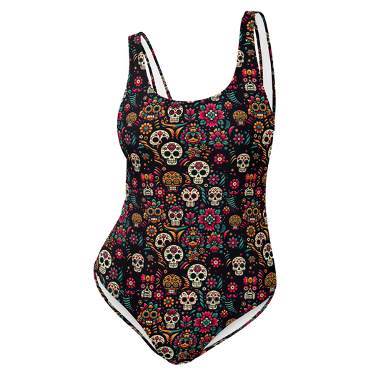 Night Calavera: Dark Skulls One-Piece Swimsuit