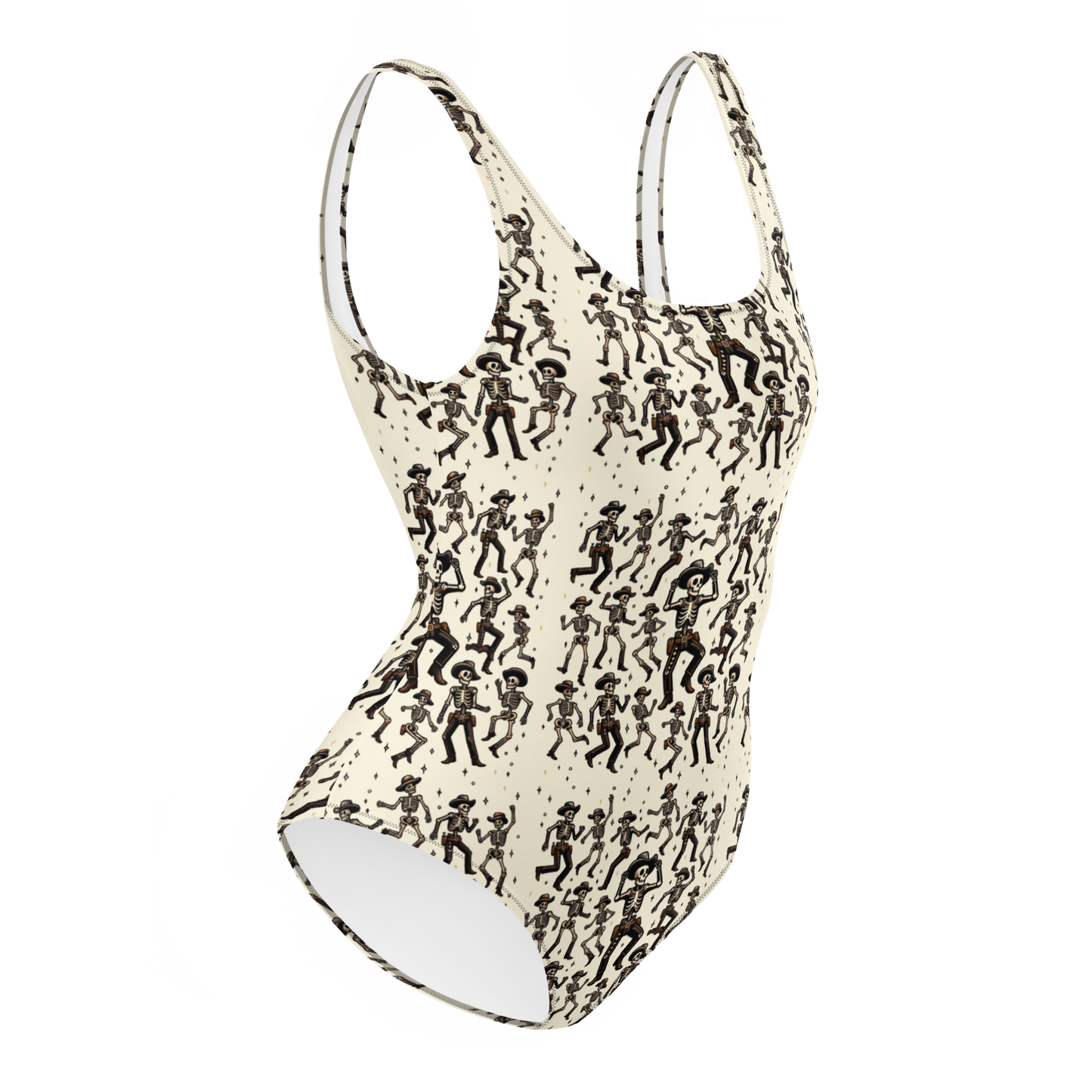 Ghostly Hoedown: Dancing Cowboy Skeleton One-Piece Swimsuit