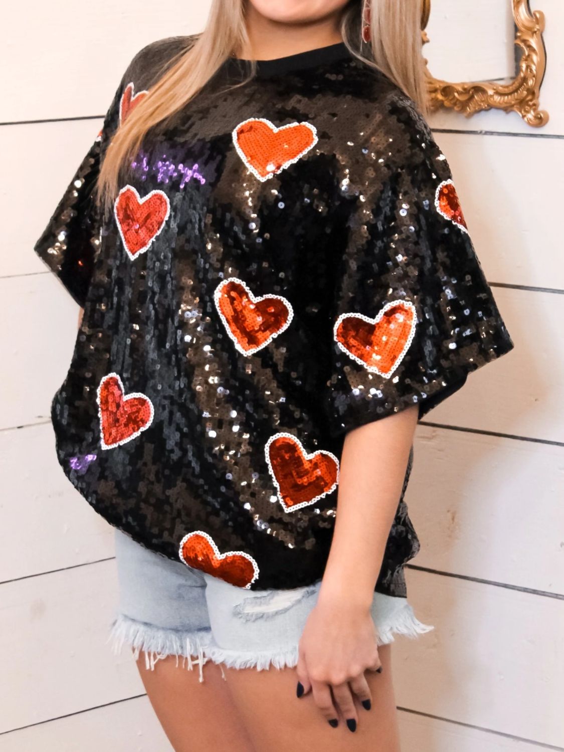 SPARKLEQUEEN Valentine’s Day Sequin Heart Top - White & Black